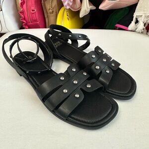 Frye & Co. Banks Black Silver Stud Adjustable Double Strap Flat Sandals Size 6